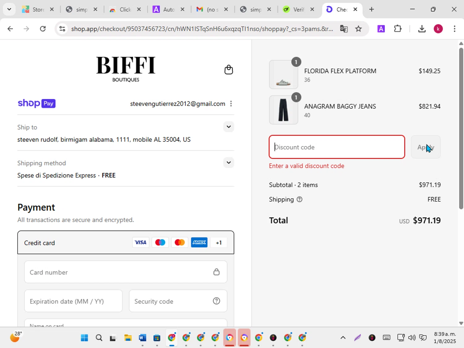 Biffi Boutique promo code screenshot showing code extra10 applied at Biffi Boutique checkout page. Uploaded by SimplyCodes community member karoline on Aug 1, 2025