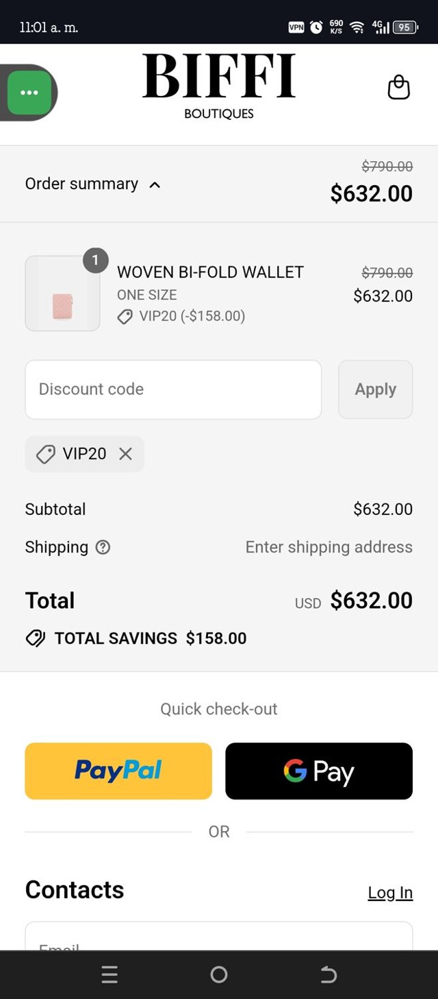 Biffi Boutique checkout page showing Biffi Boutique promo code box | Screenshot taken by SimplyCodes community member on Jul 24, 2025