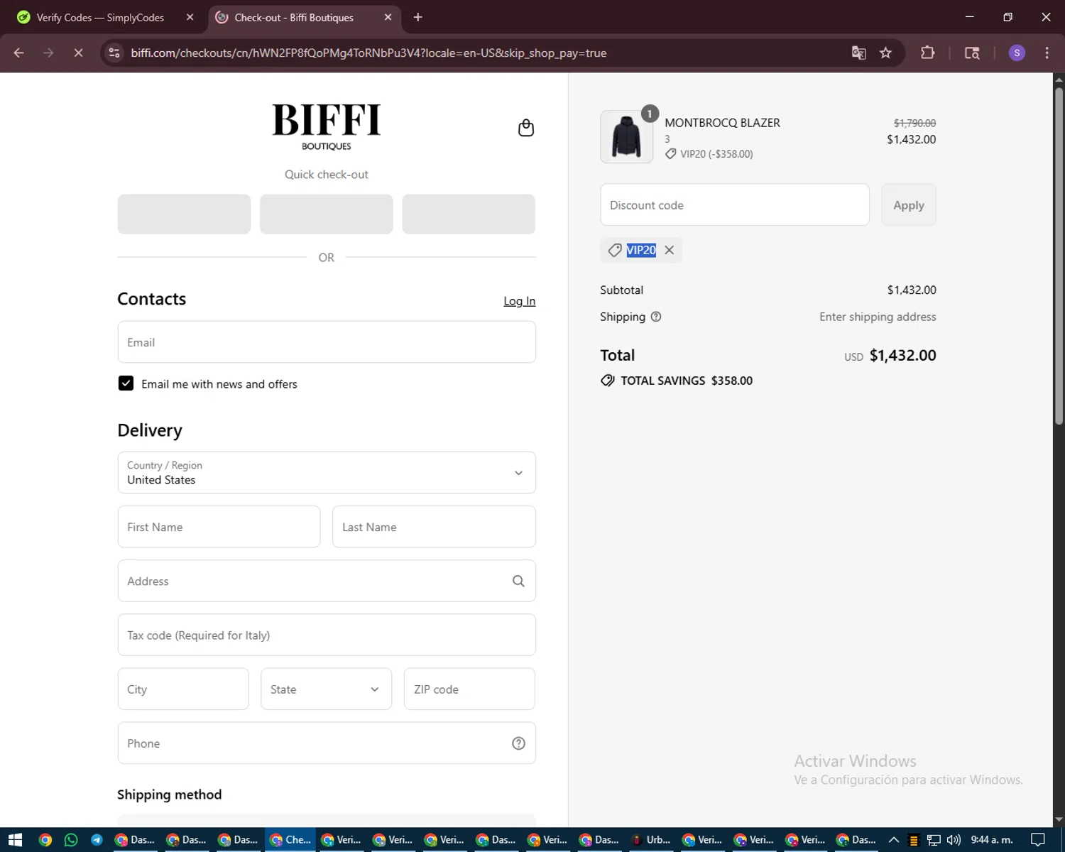 Biffi Boutique promo code screenshot showing code VIP20 applied at Biffi Boutique checkout page. Uploaded by SimplyCodes community member LuckyVoyager688 on Aug 26, 2025