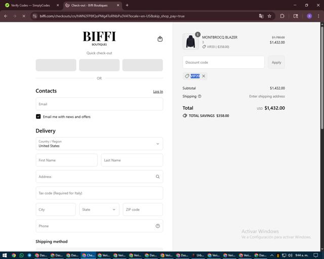 Biffi Boutique checkout page showing Biffi Boutique promo code box | Screenshot taken by SimplyCodes community member on Aug 26, 2025