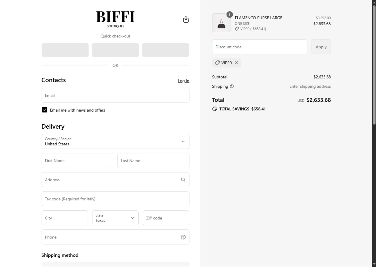 Biffi Boutique promo code screenshot showing code VIP20 applied at Biffi Boutique checkout page. Uploaded by SimplyCodes community member SwiftTracker8156 on Aug 15, 2025