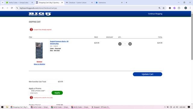 Big 5 Sporting Goods checkout page showing Big 5 Sporting Goods promo code box | Screenshot taken by SimplyCodes community member on Aug 29, 2025