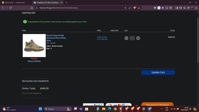 Big 5 Sporting Goods checkout page showing Big 5 Sporting Goods promo code box | Screenshot taken by SimplyCodes community member on Aug 28, 2025