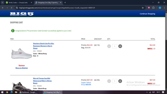 Big 5 Sporting Goods checkout page showing Big 5 Sporting Goods promo code box | Screenshot taken by SimplyCodes community member on Sep 1, 2025