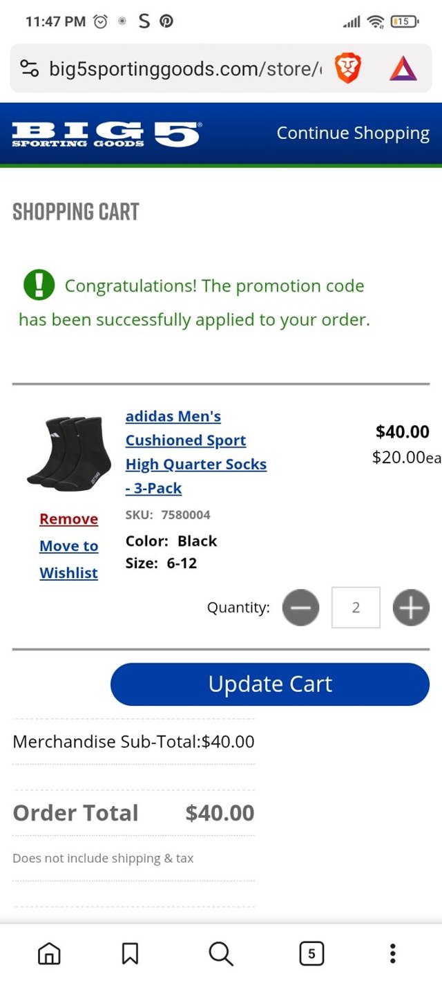 Big 5 Sporting Goods checkout page showing Big 5 Sporting Goods promo code box | Screenshot taken by SimplyCodes community member on Sep 2, 2025
