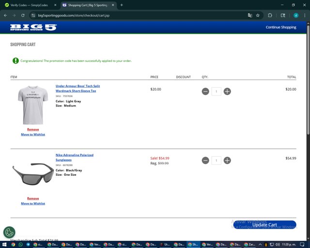 Big 5 Sporting Goods checkout page showing Big 5 Sporting Goods promo code box | Screenshot taken by SimplyCodes community member on Sep 3, 2025