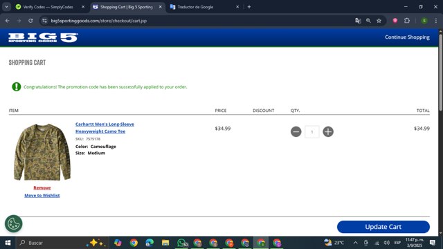 Big 5 Sporting Goods checkout page showing Big 5 Sporting Goods promo code box | Screenshot taken by SimplyCodes community member on Sep 4, 2025