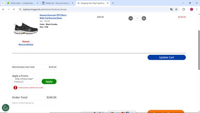 Big 5 Sporting Goods checkout page showing Big 5 Sporting Goods promo code box | Screenshot taken by SimplyCodes community member on Sep 19, 2025
