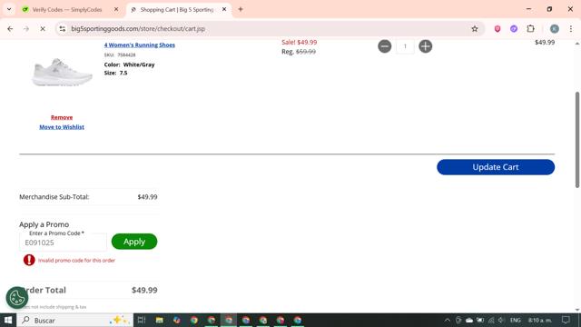 Big 5 Sporting Goods checkout page showing Big 5 Sporting Goods promo code box | Screenshot taken by SimplyCodes community member on Sep 21, 2025