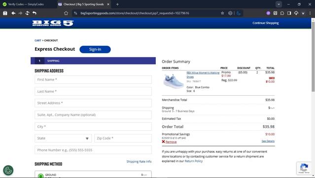 Big 5 Sporting Goods checkout page showing Big 5 Sporting Goods promo code box | Screenshot taken by SimplyCodes community member on Sep 10, 2025