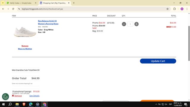 Big 5 Sporting Goods checkout page showing Big 5 Sporting Goods promo code box | Screenshot taken by SimplyCodes community member on Sep 15, 2025