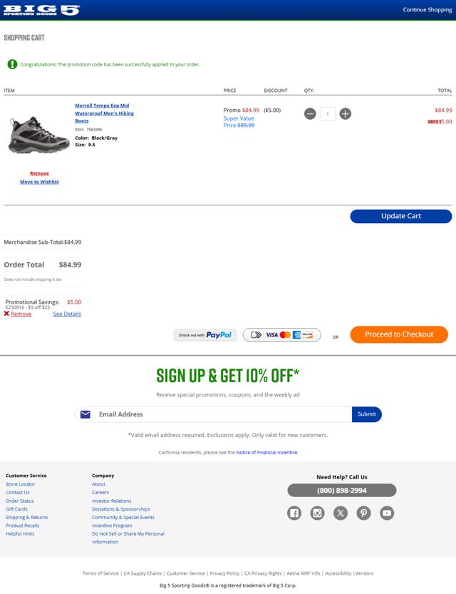Big 5 Sporting Goods checkout page showing Big 5 Sporting Goods promo code box | Screenshot taken by SimplyCodes community member on Sep 17, 2025