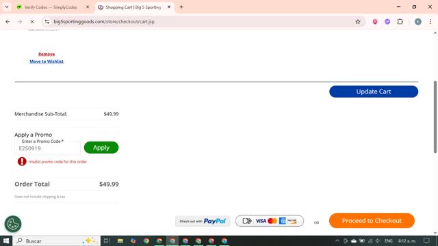 Big 5 Sporting Goods checkout page showing Big 5 Sporting Goods promo code box | Screenshot taken by SimplyCodes community member on Sep 21, 2025