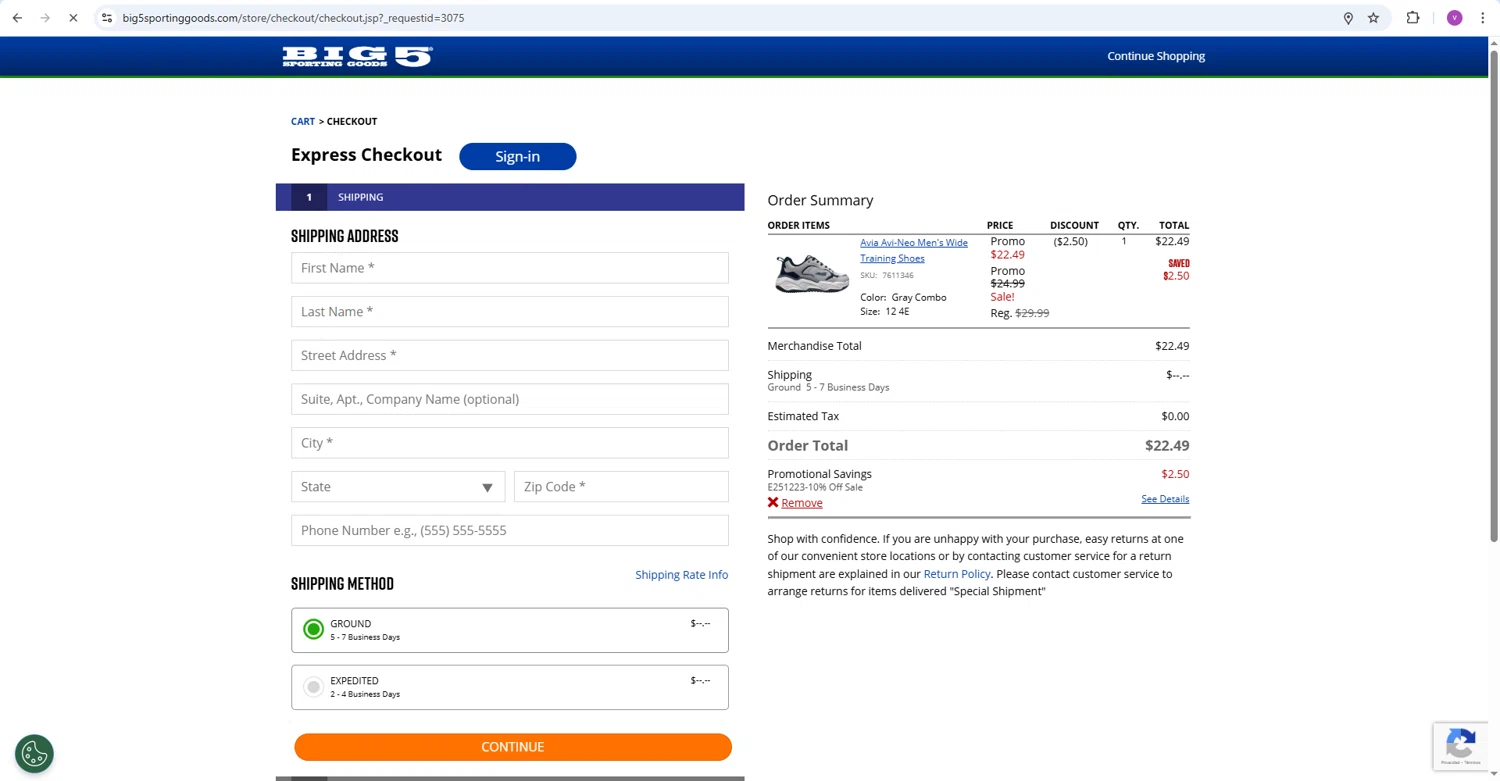 Big 5 Sporting Goods checkout page showing Big 5 Sporting Goods promo code box | Screenshot taken by SimplyCodes community member on Dec 23, 2025