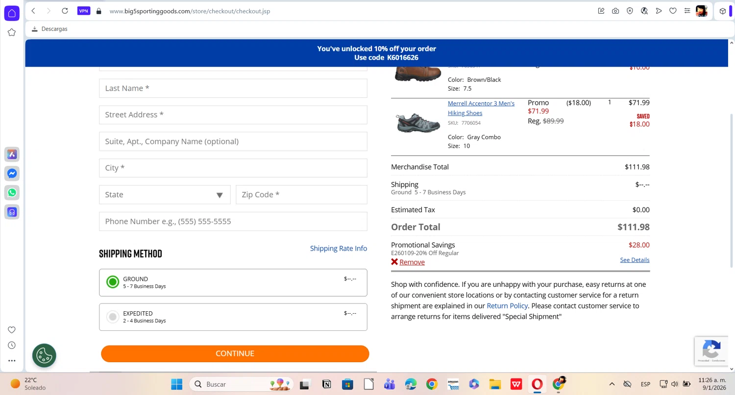 Big 5 Sporting Goods checkout page showing Big 5 Sporting Goods promo code box | Screenshot taken by SimplyCodes community member on Jan 9, 2026