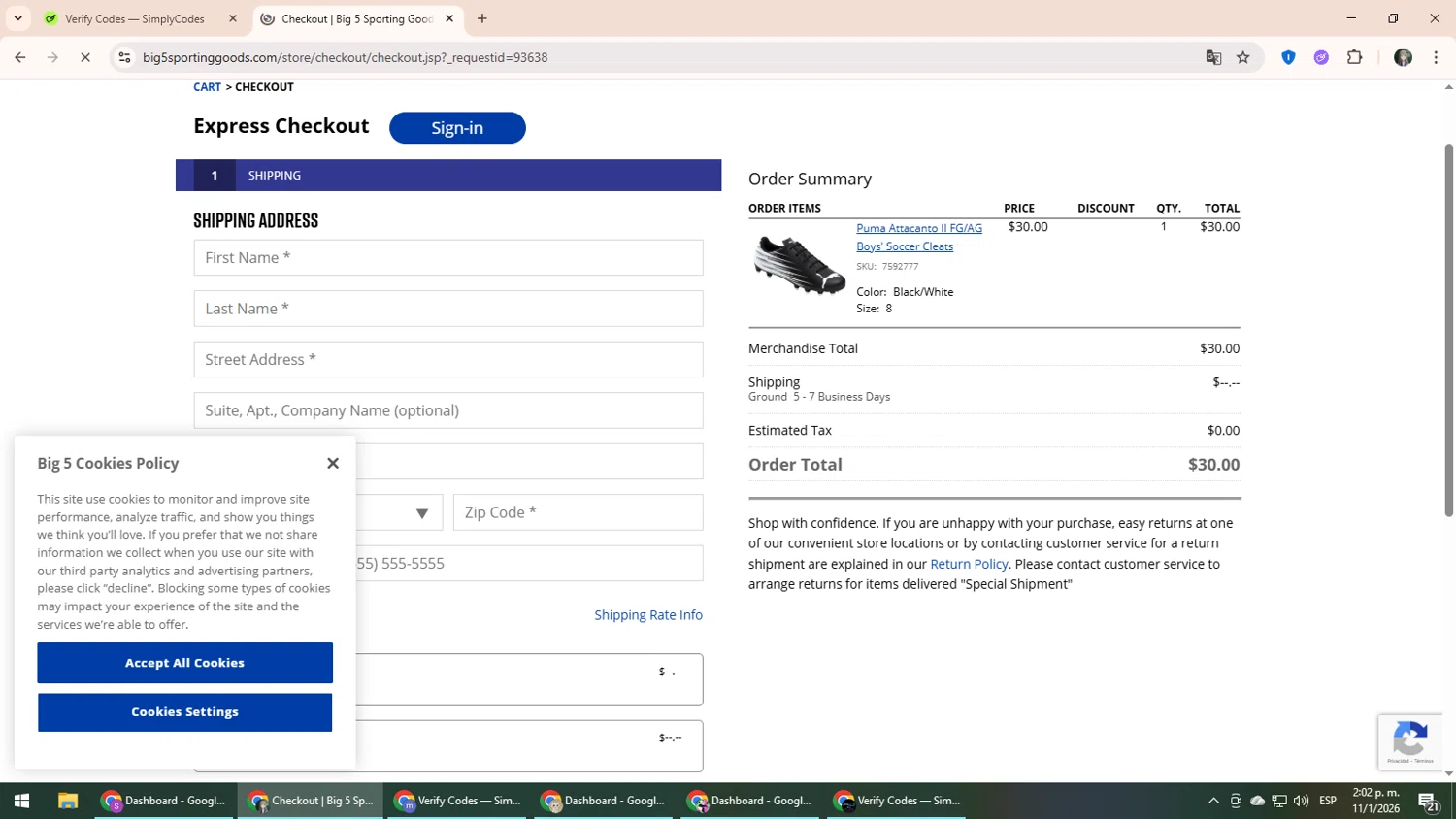 Big 5 Sporting Goods checkout page showing Big 5 Sporting Goods promo code box | Screenshot taken by SimplyCodes community member on Jan 11, 2026
