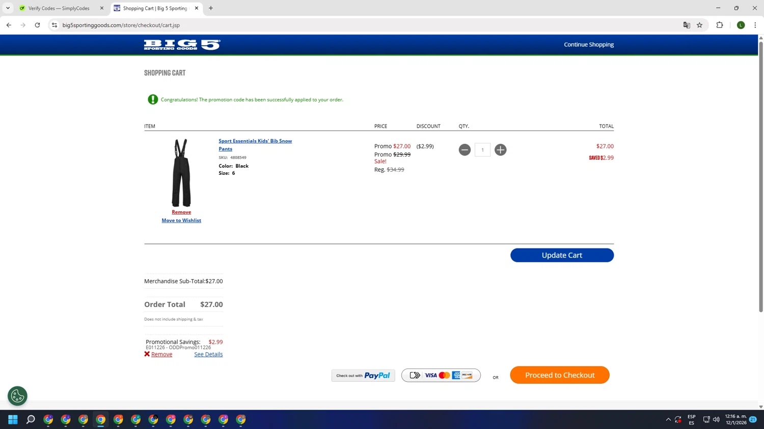 Big 5 Sporting Goods checkout page showing Big 5 Sporting Goods promo code box | Screenshot taken by SimplyCodes community member on Jan 12, 2026