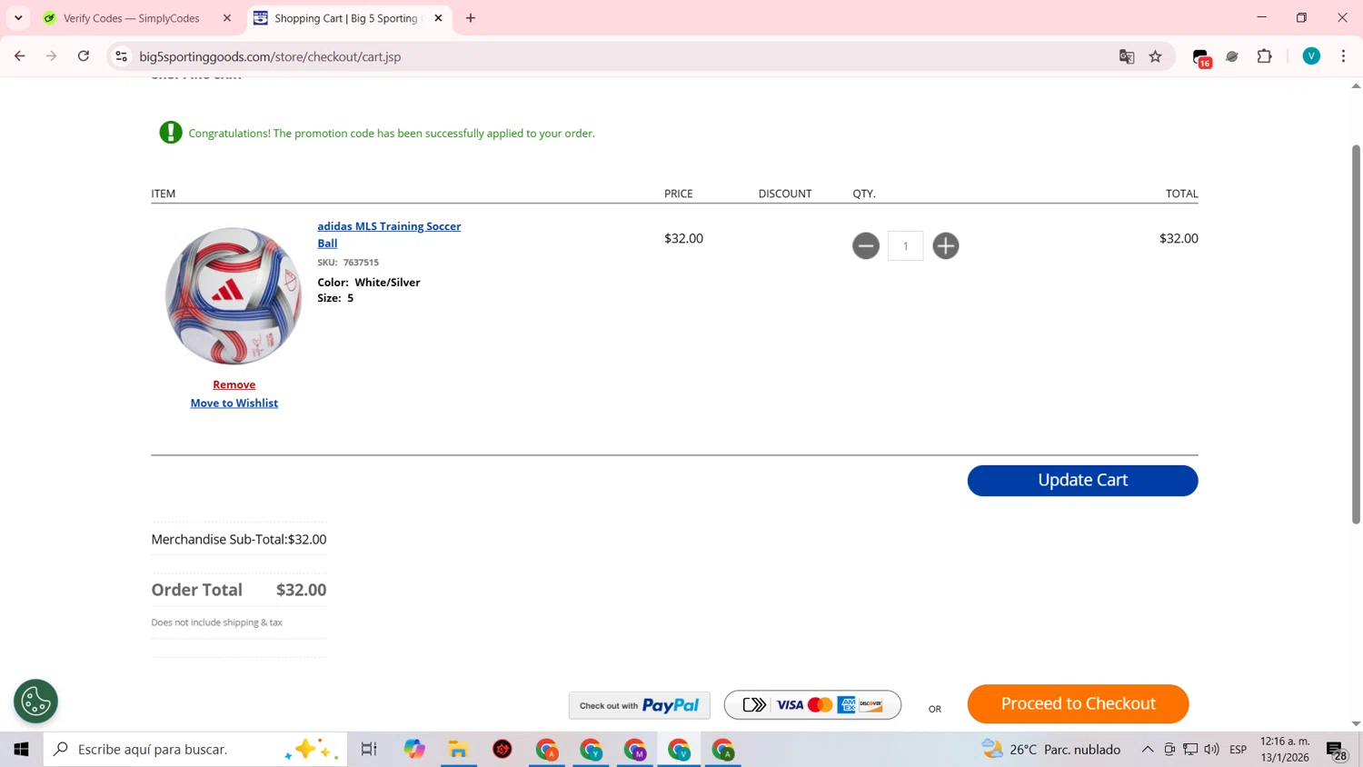 Big 5 Sporting Goods checkout page showing Big 5 Sporting Goods promo code box | Screenshot taken by SimplyCodes community member on Jan 13, 2026