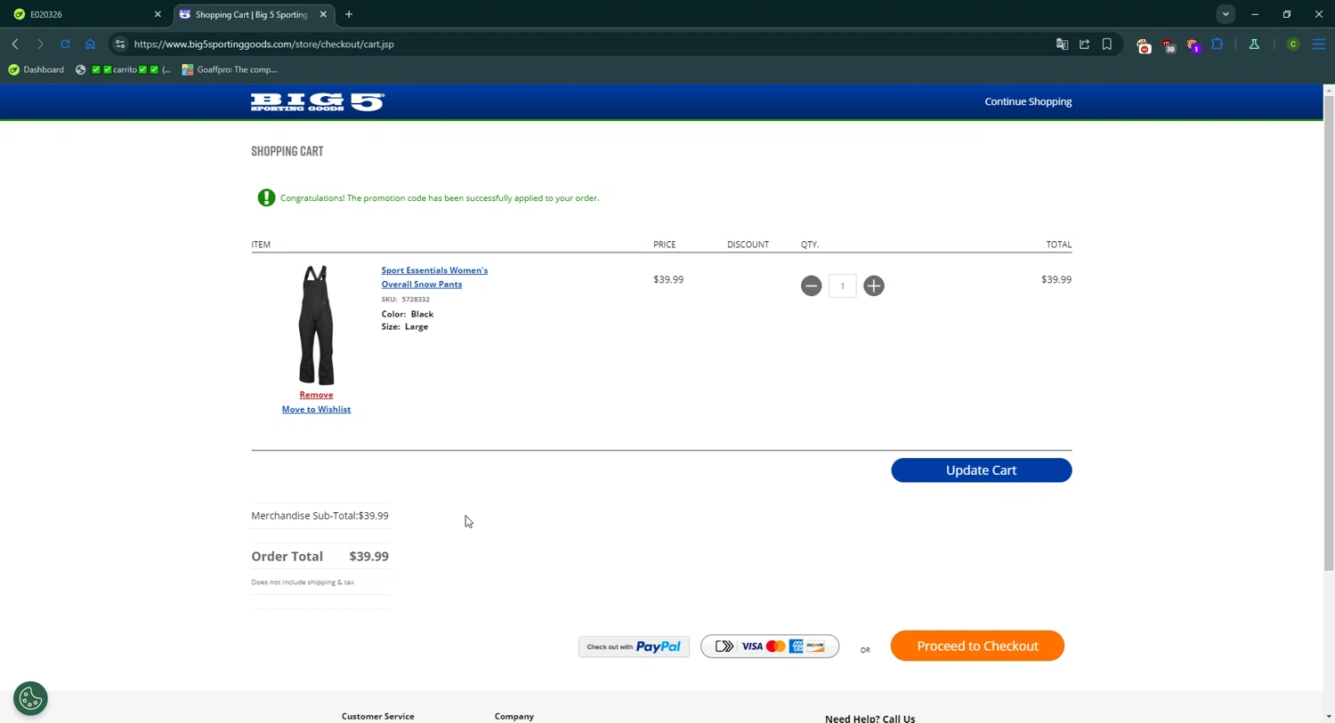 Big 5 Sporting Goods checkout page showing Big 5 Sporting Goods promo code box | Screenshot taken by SimplyCodes community member on Feb 3, 2026
