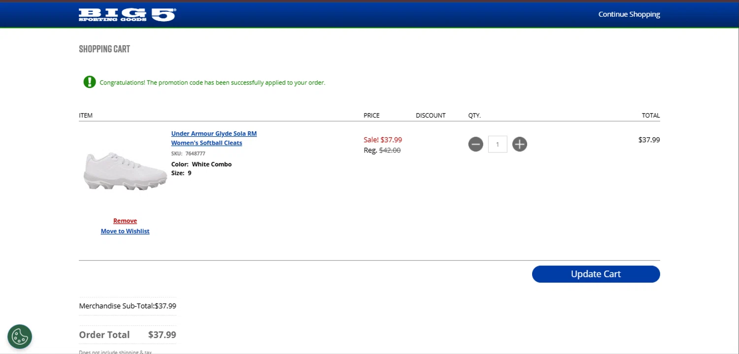 Big 5 Sporting Goods checkout page showing Big 5 Sporting Goods promo code box | Screenshot taken by SimplyCodes community member on Feb 22, 2026