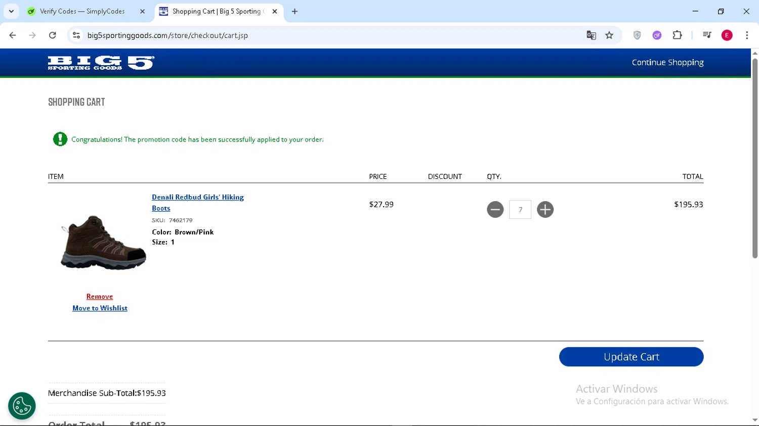 Big 5 Sporting Goods checkout page showing Big 5 Sporting Goods promo code box | Screenshot taken by SimplyCodes community member on Feb 24, 2026
