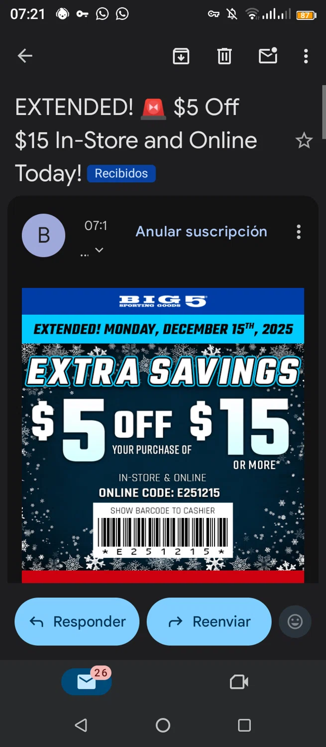Big 5 Sporting Goods promo code screenshot showing code E251215 applied at Big 5 Sporting Goods checkout page. Uploaded by SimplyCodes community member jimmytheis on Dec 15, 2025