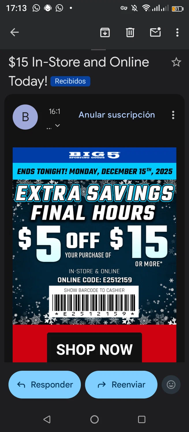 Big 5 Sporting Goods promo code screenshot showing code E2512159 applied at Big 5 Sporting Goods checkout page. Uploaded by SimplyCodes community member jimmytheis on Dec 15, 2025