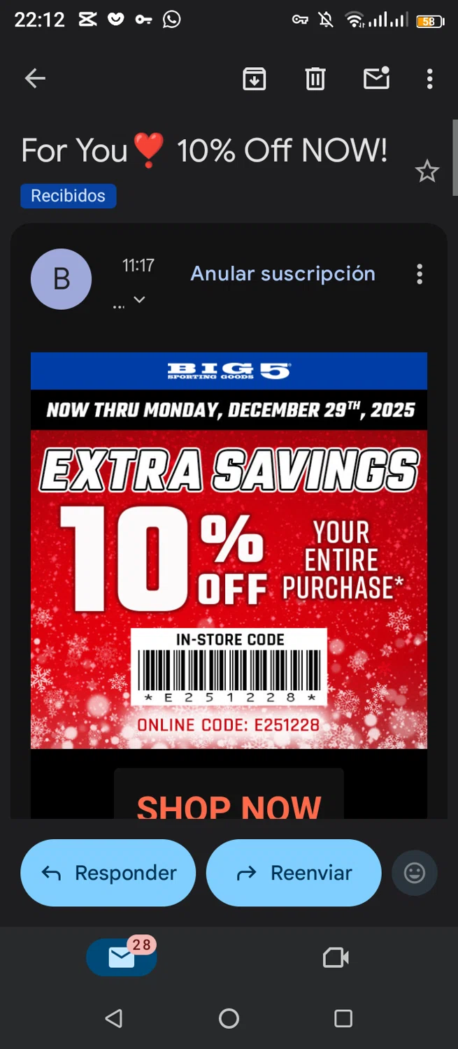 Big 5 Sporting Goods promo code screenshot showing code E251228 applied at Big 5 Sporting Goods checkout page. Uploaded by SimplyCodes community member jimmytheis on Dec 29, 2025