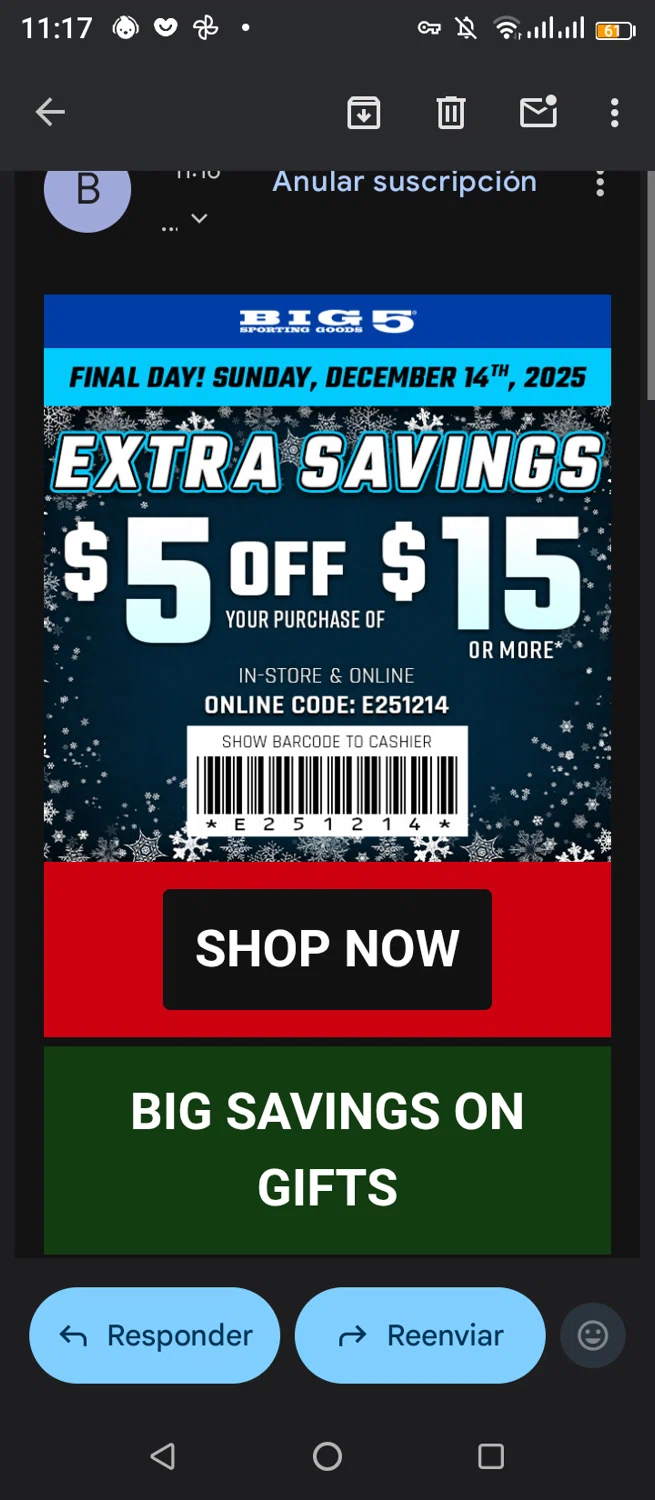 Big 5 Sporting Goods promo code screenshot showing code E251214 applied at Big 5 Sporting Goods checkout page. Uploaded by SimplyCodes community member josetheis on Dec 14, 2025