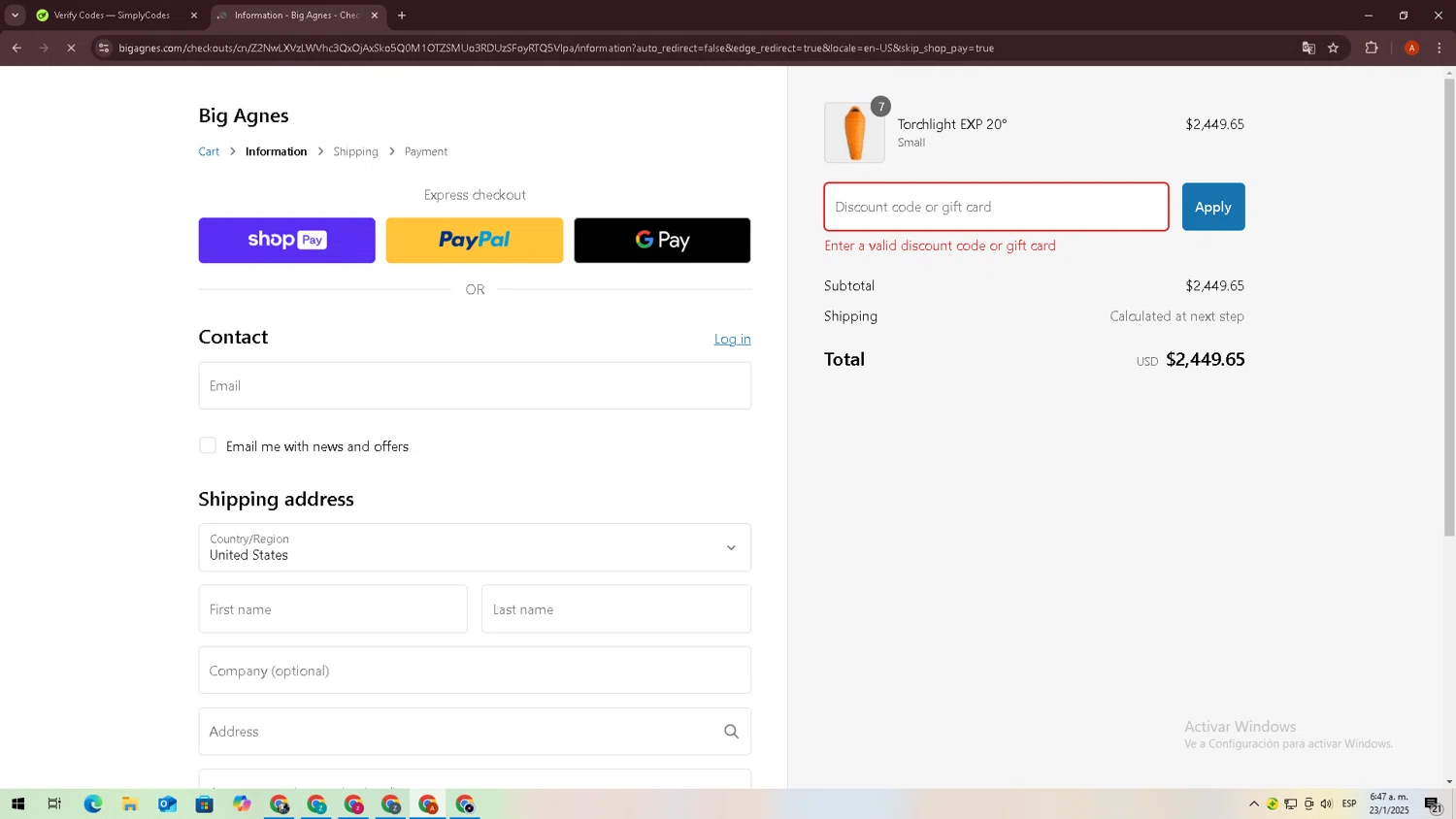 Big Agnes discount code screenshot showing code TWNTY20 applied at Big Agnes checkout page. Uploaded by SimplyCodes community member zxxx27 on Jan 23, 2025