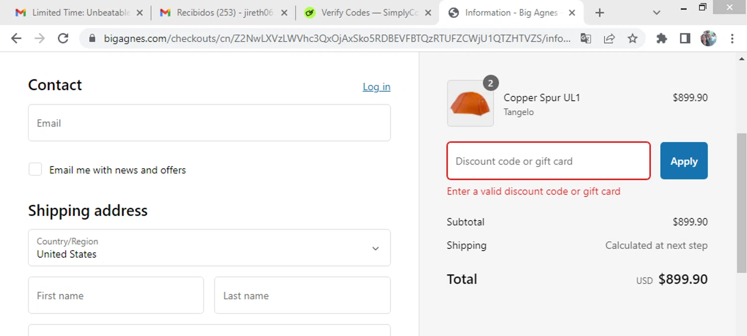 Big Agnes discount code screenshot showing code TWNTY20 applied at Big Agnes checkout page. Uploaded by SimplyCodes community member ShieldWhiz4659 on Jan 23, 2025