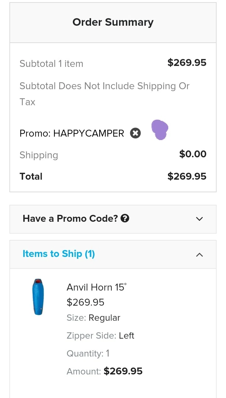 Big Agnes checkout page showing Big Agnes discount code box | Screenshot taken by SimplyCodes community member on May 1, 2021