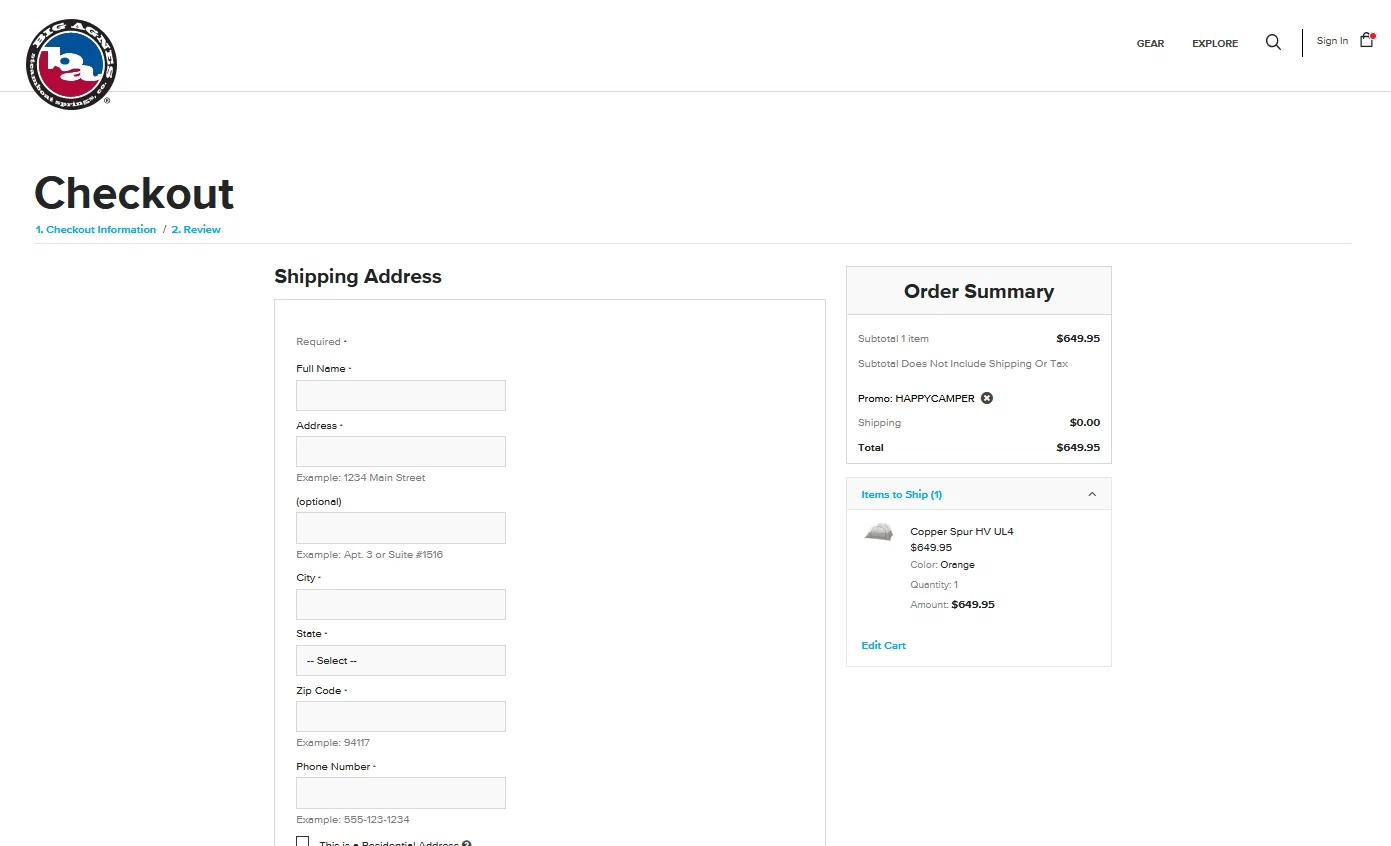 Big Agnes checkout page showing Big Agnes discount code box | Screenshot taken by SimplyCodes community member on May 20, 2020