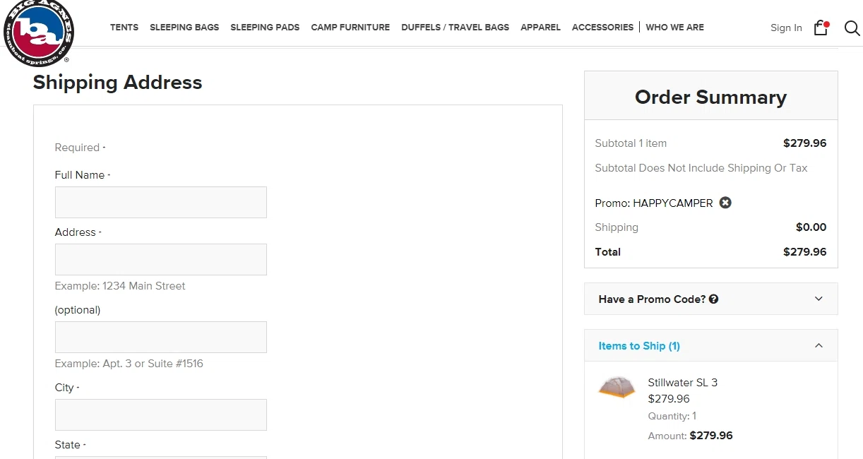 Big Agnes checkout page showing Big Agnes discount code box | Screenshot taken by SimplyCodes community member on Feb 2, 2021