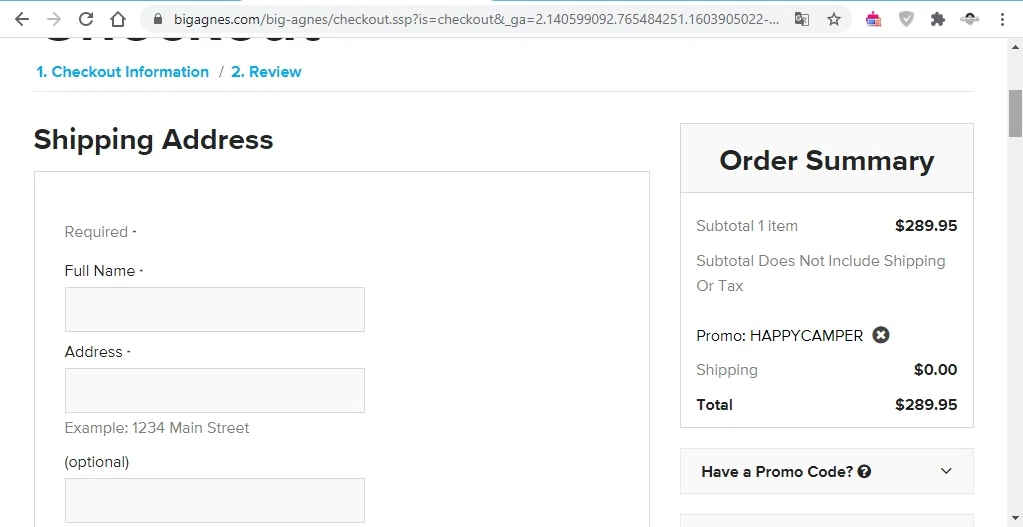 Big Agnes checkout page showing Big Agnes discount code box | Screenshot taken by SimplyCodes community member on Oct 28, 2020