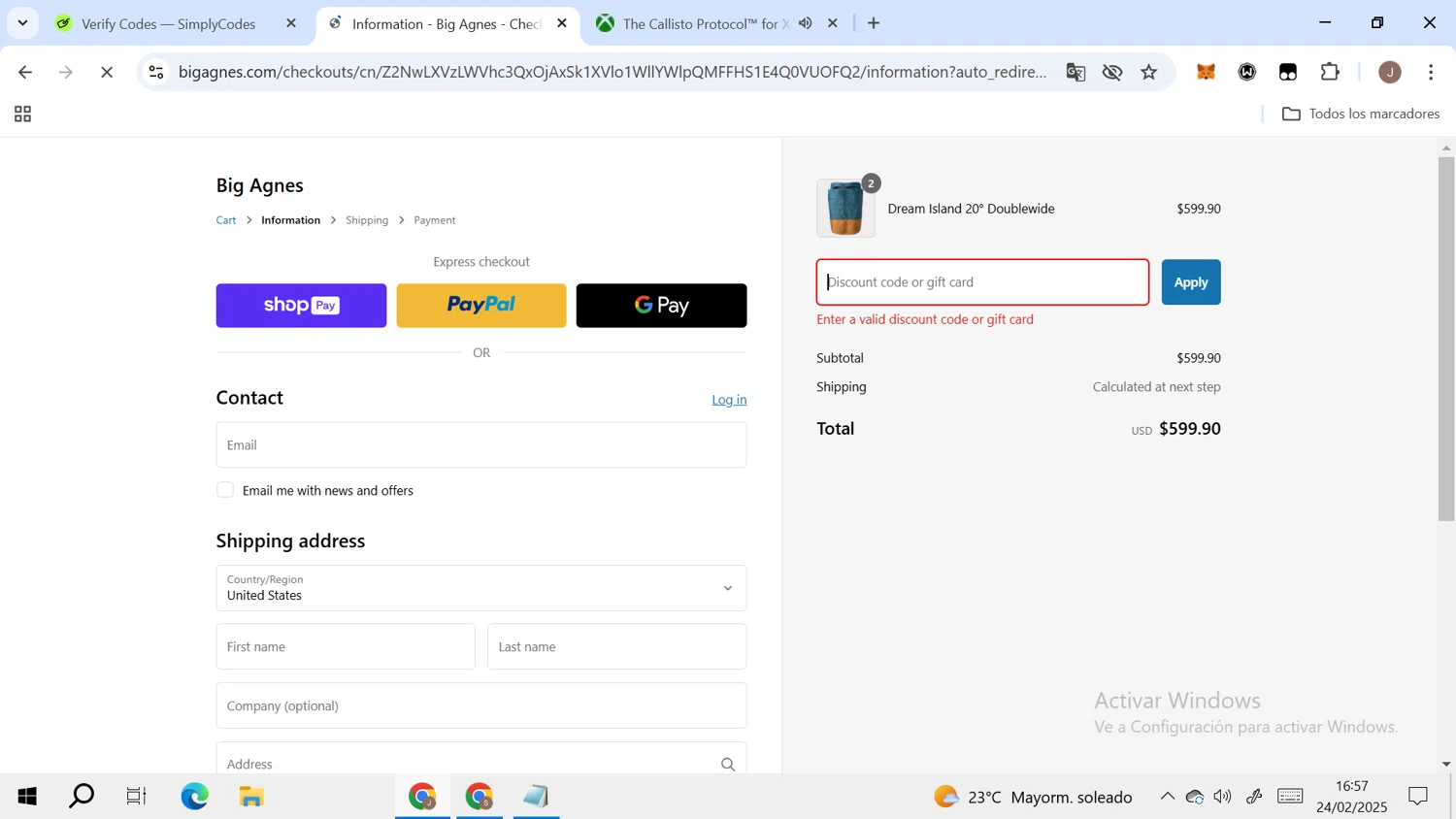 Big Agnes discount code screenshot showing code BYEBYE50 applied at Big Agnes checkout page. Uploaded by SimplyCodes community member RoyalAdmiral4824 on Feb 24, 2025