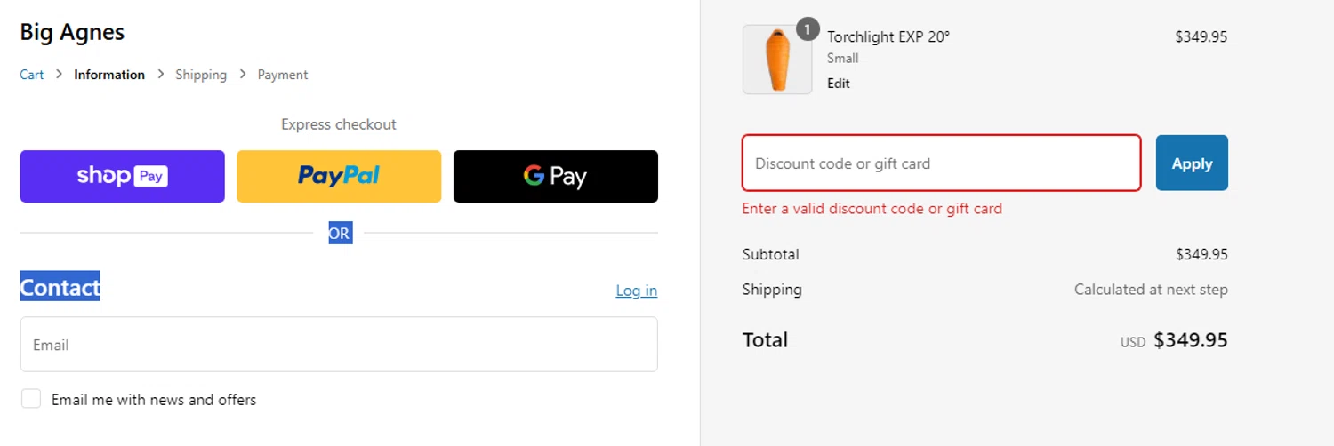Big Agnes discount code screenshot showing code BYEBYE50 applied at Big Agnes checkout page. Uploaded by SimplyCodes community member joandgray9 on Feb 24, 2025