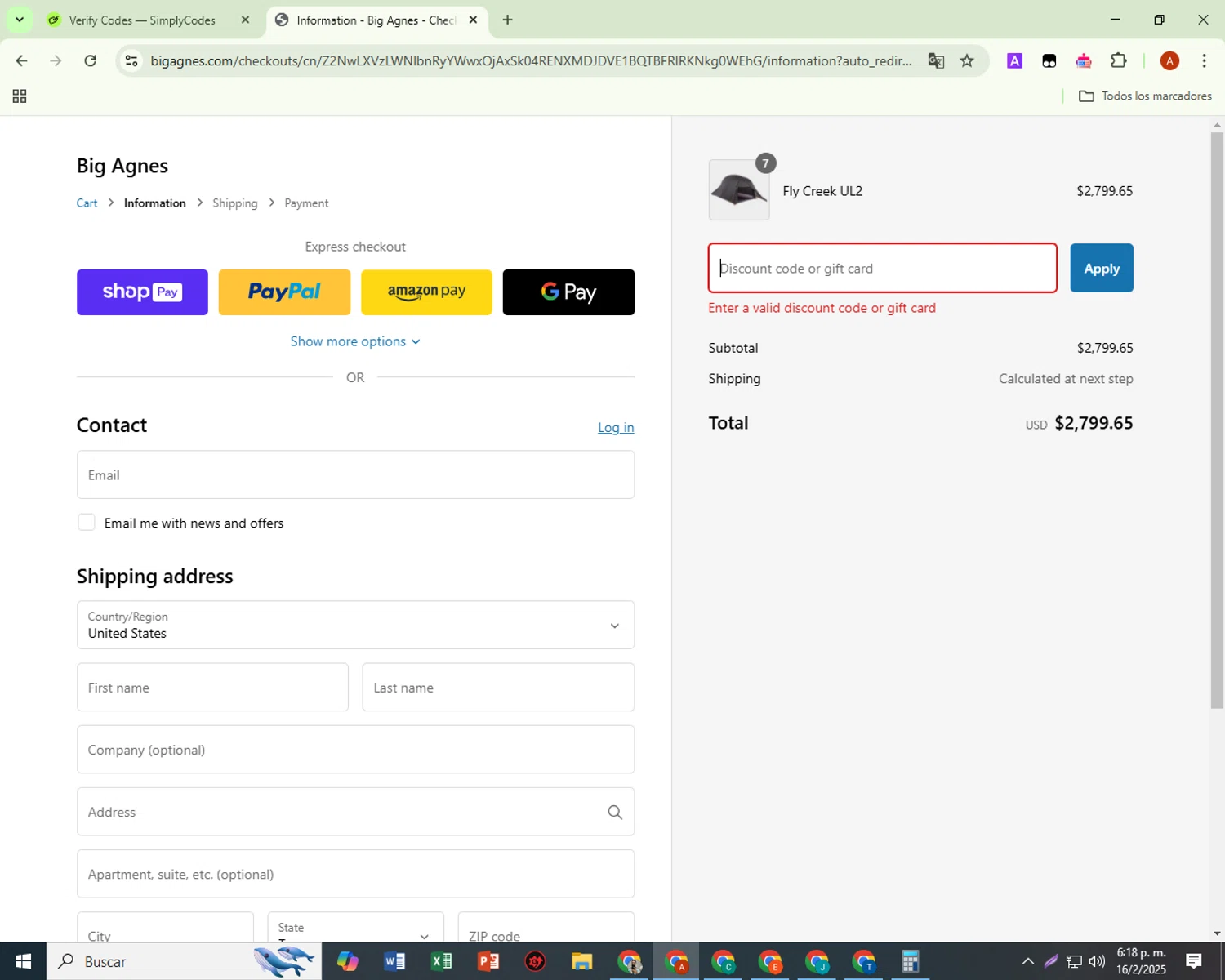 Big Agnes discount code screenshot showing code SURVEY_SAYS_10 applied at Big Agnes checkout page. Uploaded by SimplyCodes community member BonusShopper323 on Feb 16, 2025
