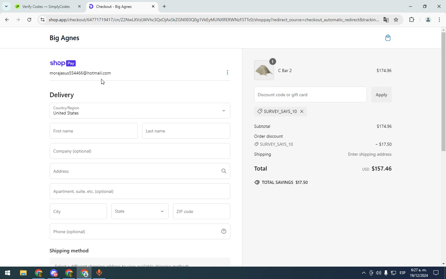 Big Agnes checkout page showing Big Agnes discount code box | Screenshot taken by SimplyCodes community member on Dec 19, 2024
