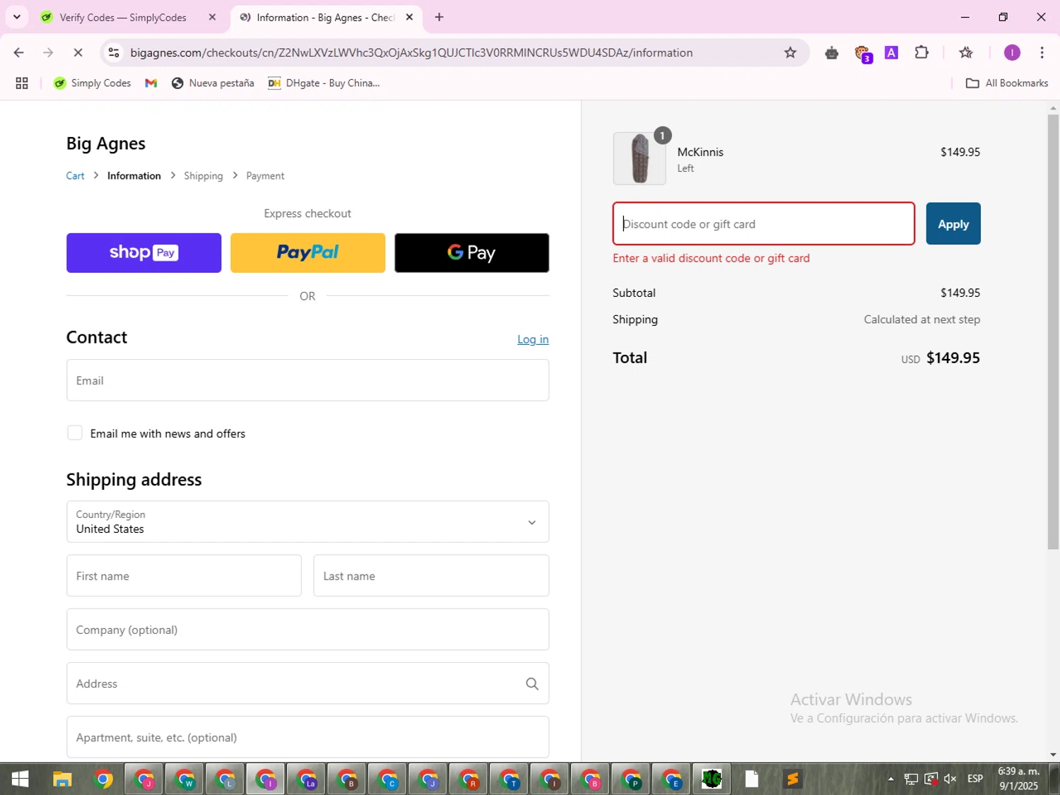 Big Agnes discount code screenshot showing code SURVEY_SAYS_10 applied at Big Agnes checkout page. Uploaded by SimplyCodes community member FrugalMaven5544 on Jan 9, 2025
