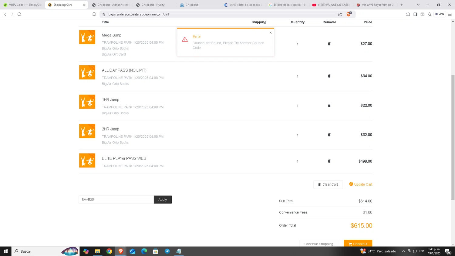 Big Air USA promo code screenshot showing code SAVE25 applied at Big Air USA checkout page. Uploaded by SimplyCodes community member Carloscoder_900457733 on Jan 19, 2025