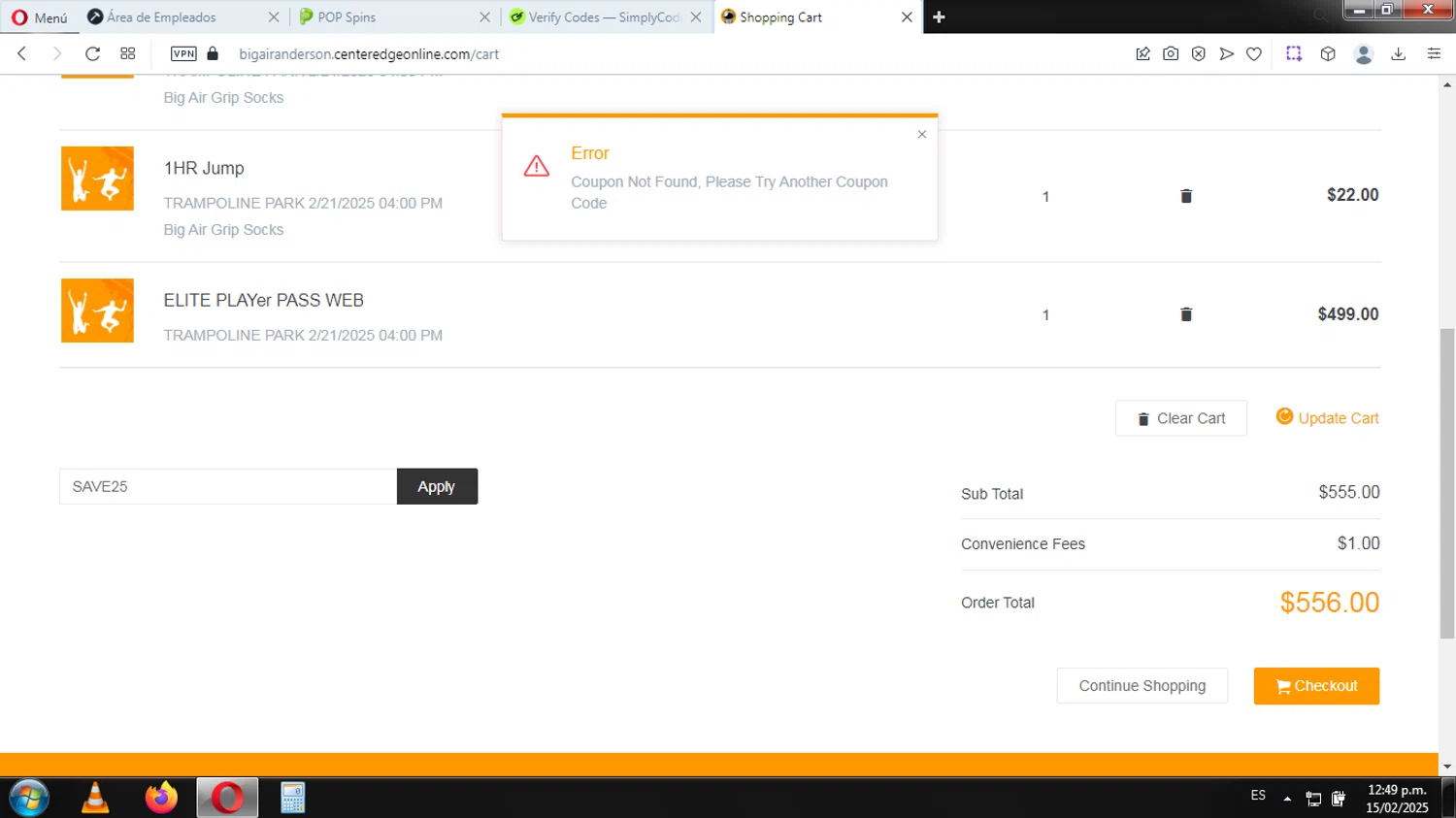 Big Air USA promo code screenshot showing code SAVE25 applied at Big Air USA checkout page. Uploaded by SimplyCodes community member EpicHero3429 on Feb 15, 2025
