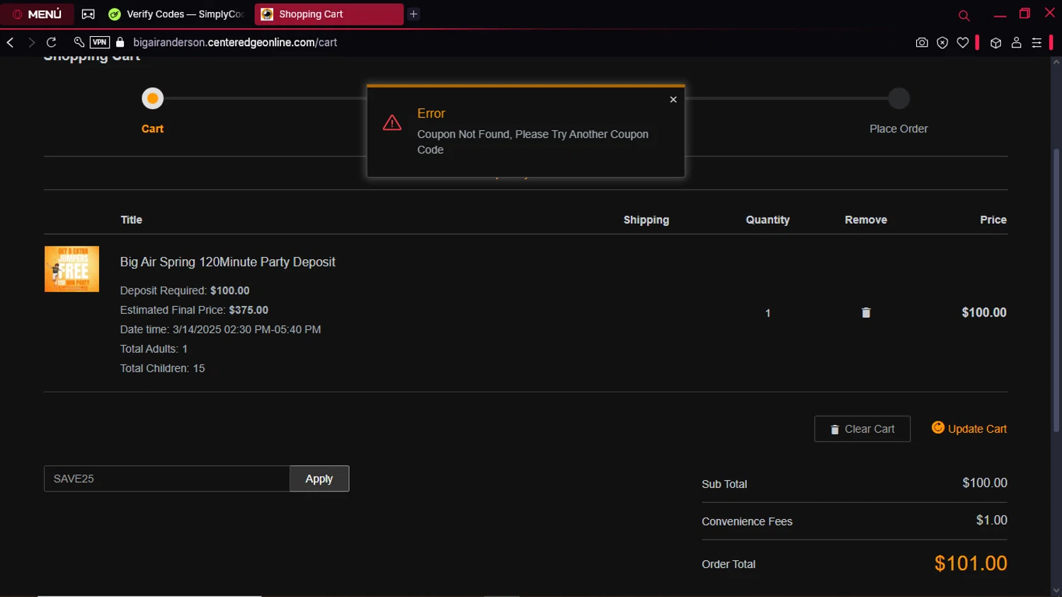 Big Air USA promo code screenshot showing code SAVE25 applied at Big Air USA checkout page. Uploaded by SimplyCodes community member Gabrielpato on Feb 28, 2025