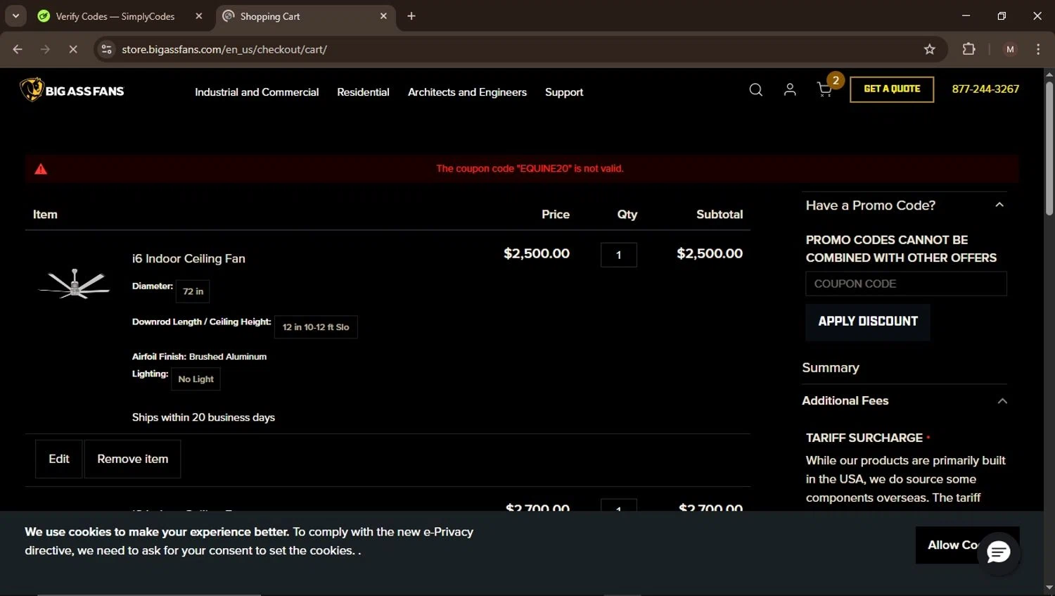 Big Ass Fans discount code screenshot showing code EQUINE20 applied at Big Ass Fans checkout page. Uploaded by SimplyCodes community member MightyGuardian6645 on Mar 26, 2025