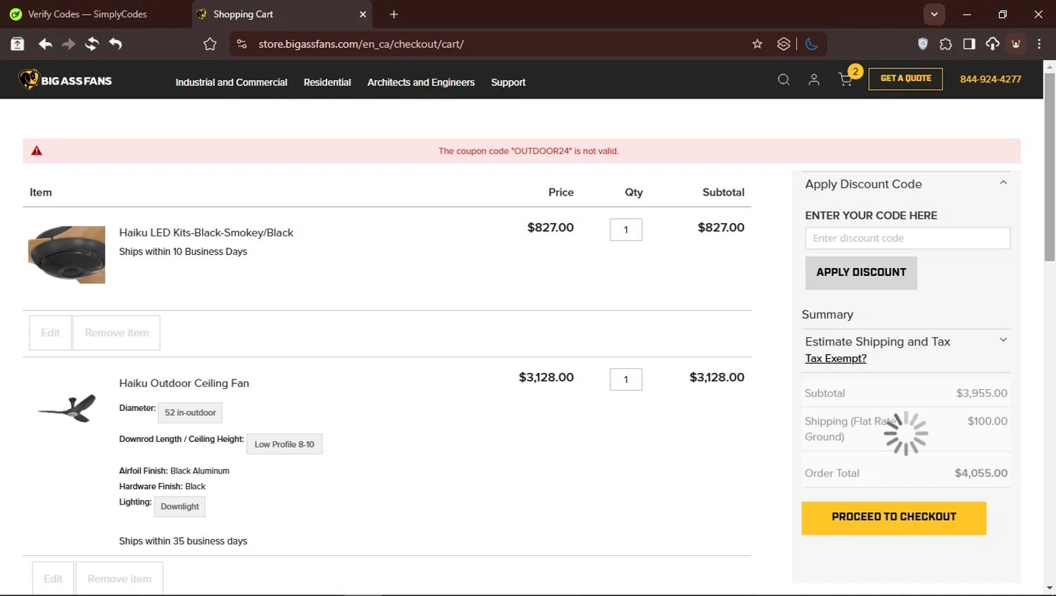 Big Ass Fans discount code screenshot showing code OUTDOOR24 applied at Big Ass Fans checkout page. Uploaded by SimplyCodes community member USER_RANDON on Mar 7, 2025