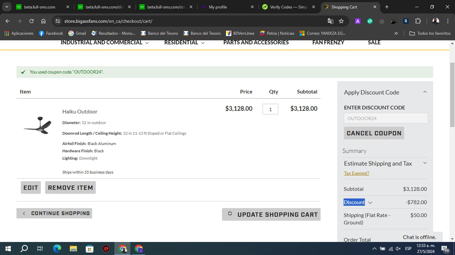 Big Ass Fans checkout page showing Big Ass Fans discount code box | Screenshot taken by SimplyCodes community member on May 27, 2024