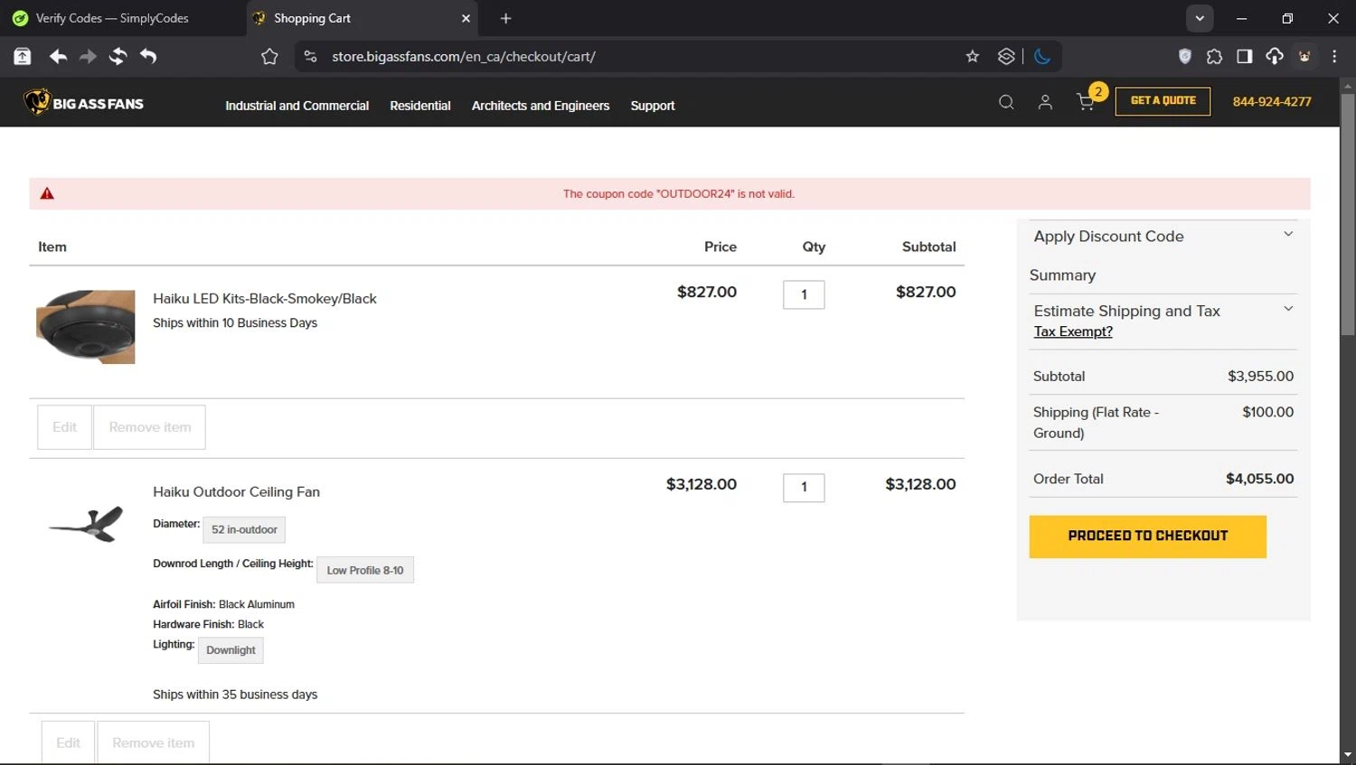 Big Ass Fans discount code screenshot showing code OUTDOOR24 applied at Big Ass Fans checkout page. Uploaded by SimplyCodes community member BudgetCollector3125 on Mar 7, 2025