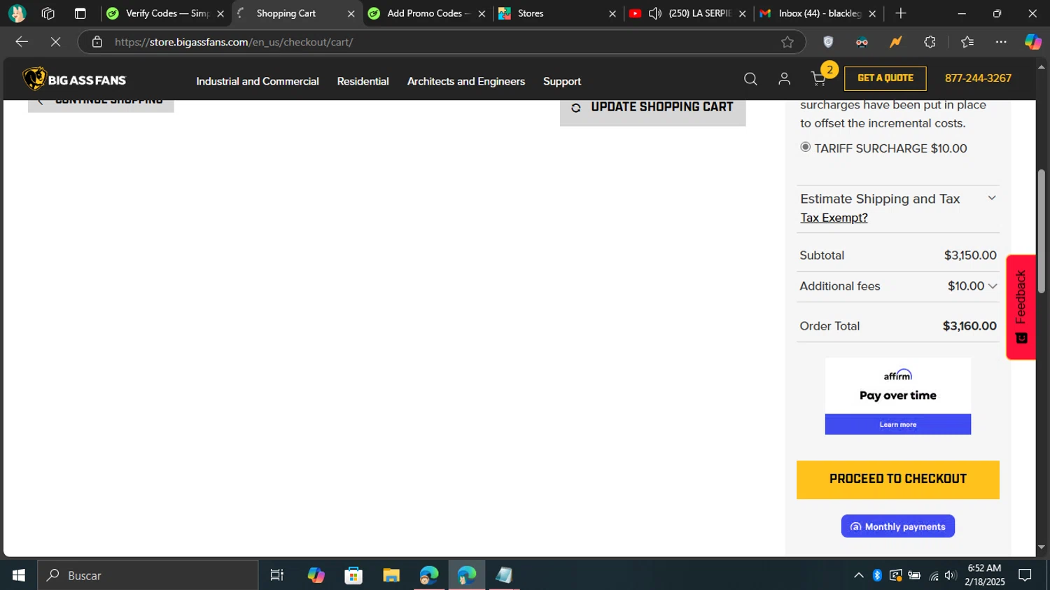 Big Ass Fans discount code screenshot showing code EQUINE24 applied at Big Ass Fans checkout page. Uploaded by SimplyCodes community member Don_Quixote on Feb 18, 2025