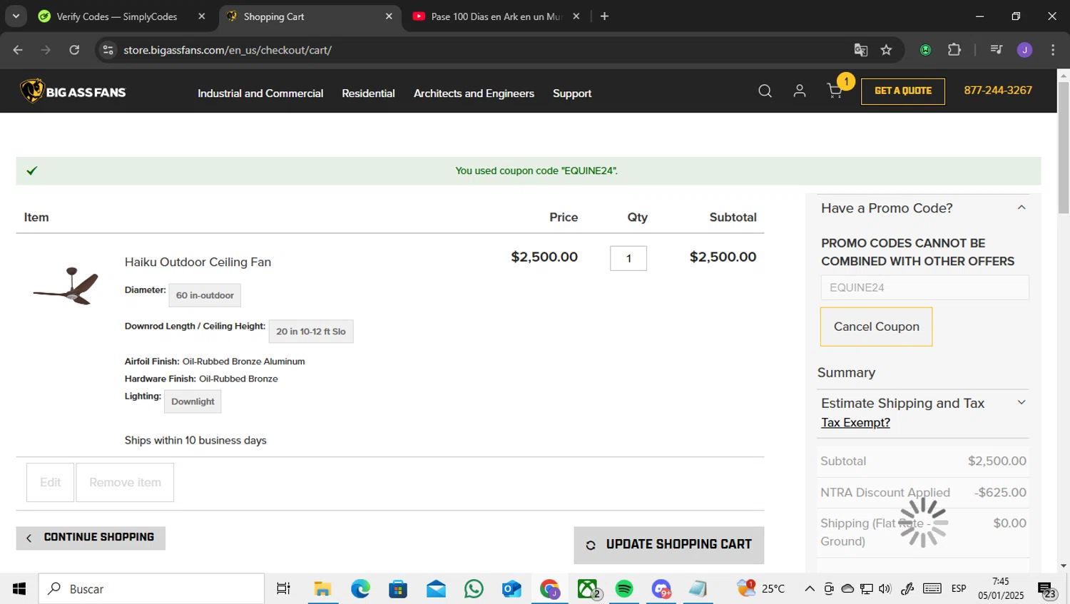 Big Ass Fans checkout page showing Big Ass Fans discount code box | Screenshot taken by SimplyCodes community member on Jan 5, 2025