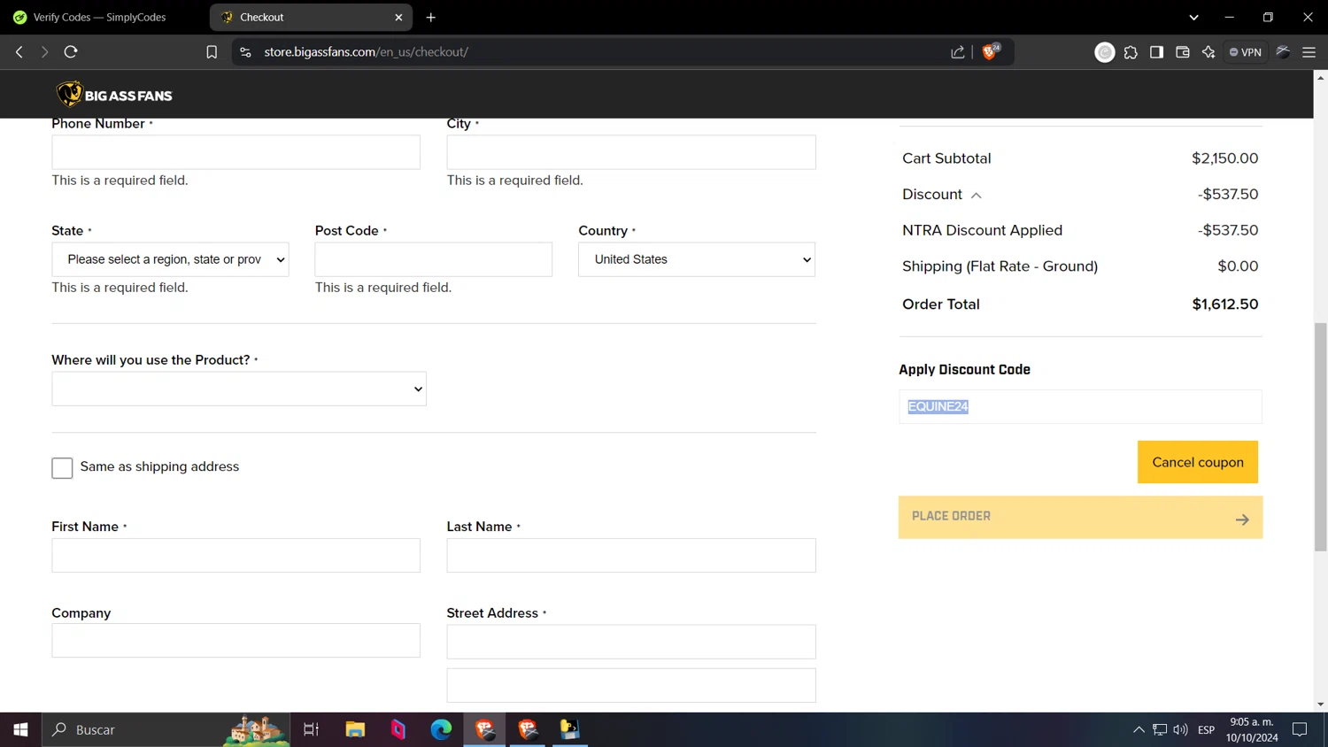 Big Ass Fans checkout page showing Big Ass Fans discount code box | Screenshot taken by SimplyCodes community member on Oct 10, 2024